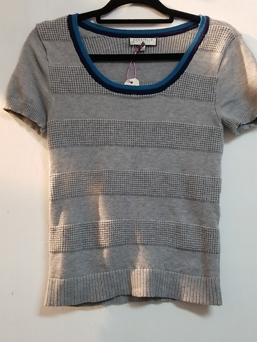 bagatelle Gray Short-Sleeve Knit Top with Blue Trim